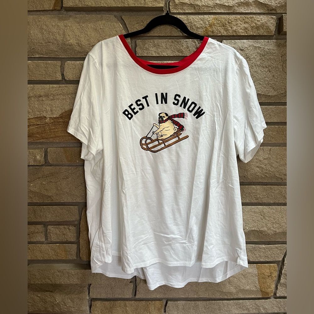 Old Navy Best In Snow Pug Dog Ringer Tshirt White Red XXL